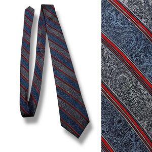 Vintage Hardy Amies London 100% Silk Neck Tie Blue Paisley Red Stripe Preppy
